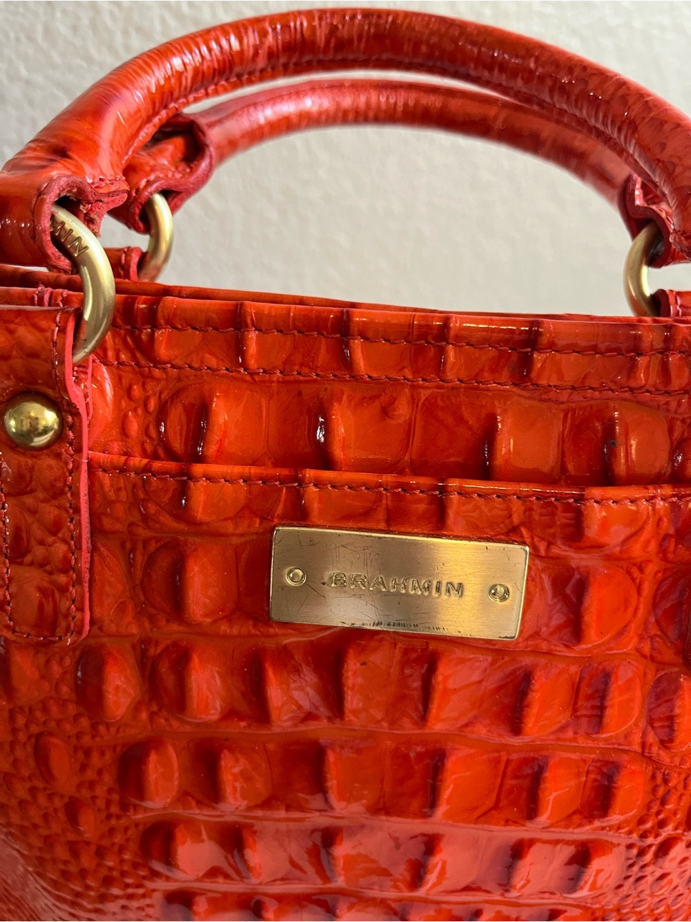 Brahmin Glossy Orange Croc-Embossed Top-Handle Satchel